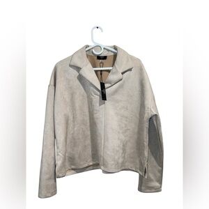 Tahari Women's beige faux suede long sleeve blouse .